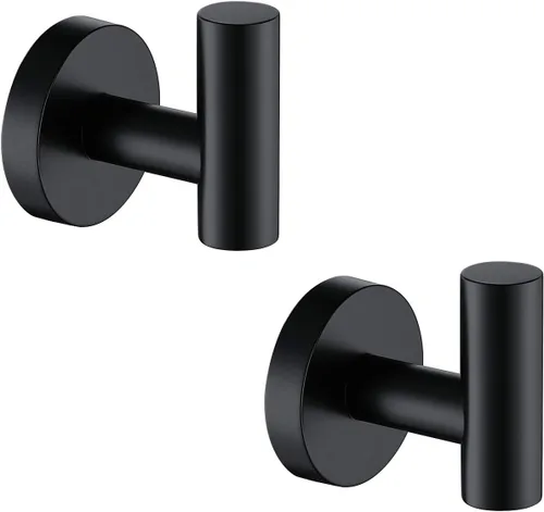 TASTOS Gancho de acero inoxidable para toallas de baño, color negro mate, paquete de 2 esponjas para armario, ropa y armario, gancho de pared