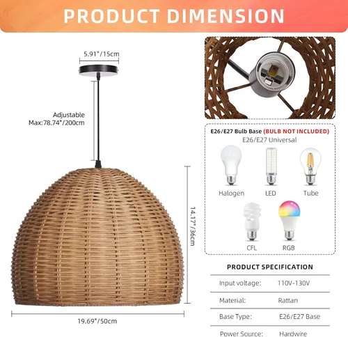 Miniatura 5 de Arturesthome 1 Luz Lámpara Colgante Tejida a Mano de Ratán, Candelabro Boho Tejido Natural Colgante en el Techo, Lámpara de Araña de Granja Costera