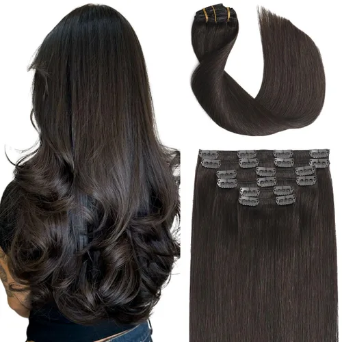 Miniatura 9 de Sindra Extensiones de cabello humano con clip, balayage 3/8/22 de color marrón oscuro a marrón ceniza y rubio dorado, extensiones de cabello humano