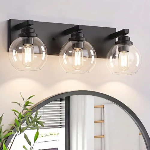 LmnLvn Lámparas de baño, 3 luces de tocador de color negro mate, modernas lámparas de baño sobre espejo, luces de tocador de granja con pantalla de