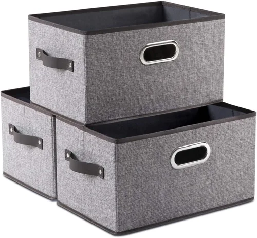 Miniatura 30 de PRANDOM Contenedores de almacenamiento plegables más grandes para clóset [5 unidades] cestas decorativas de tela de lino con asas de cuero y metal