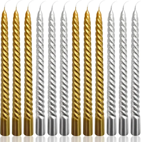 Miniatura 10 de Juego de velas cónicas en espiral de color blanco metálico de 10 pulgadas para decoración navideña, paquete de 12 velas trenzadas sin perfume, velas