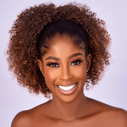 Miniatura 7 de Extensión de cola de caballo rizada con cordón Afro Puff para mujeres negras, extensiones de cabello sintético corto afro Kinkys rizado, extensión