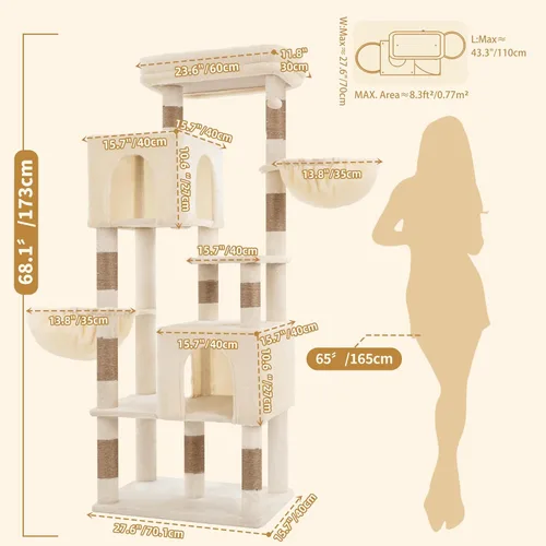 Miniatura 5 de Heybly 68.1" Cat Tree with Oversized Top Platform & Wide Base, Heavy Duty Cat Tower for Large Indoor Cats with 2 Condos, 2 Hammocks, 10 Sisal