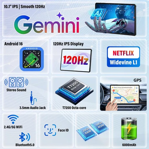 Miniatura 7 de Tablet Android de 10 pulgadas Tablets Android 16, Gemini AI, pantalla de 120Hz, 20GB RAM, 64GB ROM+2TB expandible, Widevine L1, 6000mAh, GPS, Face