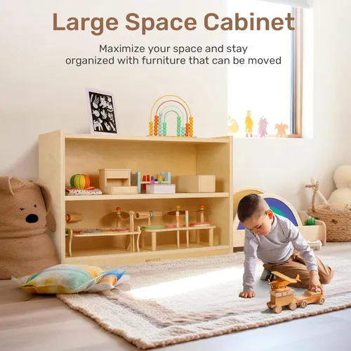 Miniatura 5 de WINGYZ Gabinete de almacenamiento de madera, organizador de almacenamiento de juguetes para niños de 2 niveles, espaciosa estantería Montessori