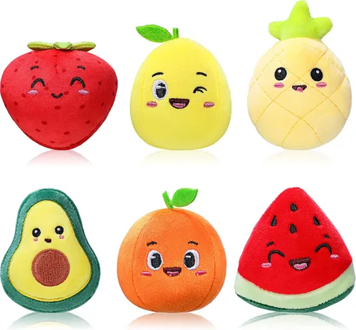 Aoriher 6 piezas de juguetes de peluche de frutas a granel coloridos rellenos de fruta bailarina muñeca suave aguacate, fresa, naranja, piña,