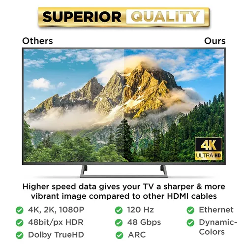 Miniatura 4 de PowerBear - Cable HDMI 4K 10 pies, nailon trenzado y conectores dorados Pack de 1 6 patas Negro