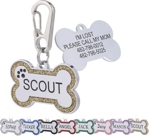 Miniatura 10 de Etiquetas de identificación de mascotas personalizadas de acero inoxidable con diseño de hueso brillante - Etiquetas de perro profundamente grabadas