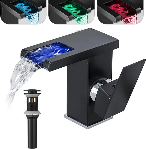 Grifo de baño con luz LED RGB, boquilla de cascada, color negro, 3 colores cambiantes, mango de un agujero, conjunto de drenaje a juego con