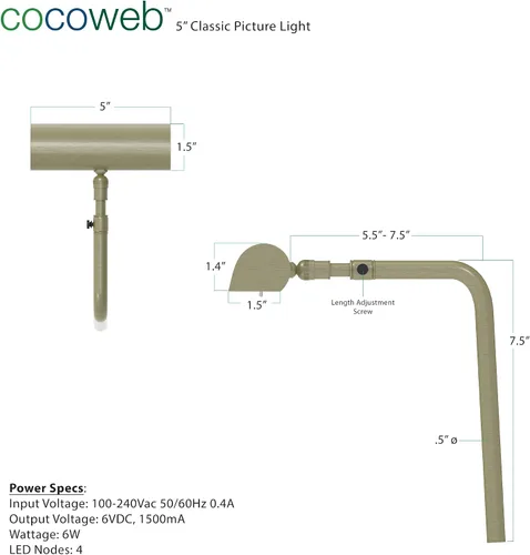 Miniatura 2 de Cocoweb Luz LED de 5" en latón antiguo con adaptador enchufable - ALEDV-5AB