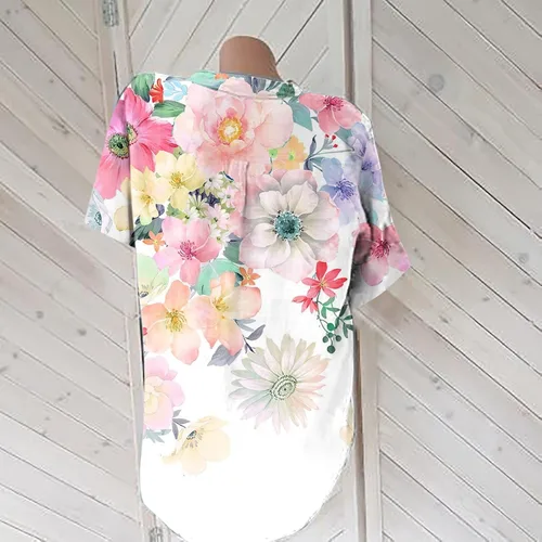 Miniatura 4 de Blusas de verano para mujer, cuello en V, ajuste holgado, cómodas, de algodón, lino, estampado floral, blusas a la moda 2023