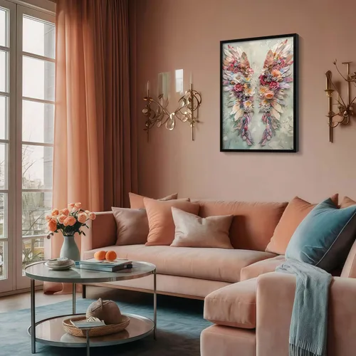 Miniatura 6 de Arte de pared enmarcado abstracto floral con alas de ángel, impresión en lienzo, póster romántico de galería, imagen elegante con plumas y flores