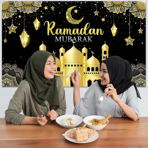 Miniatura 5 de Boyiee Decoración de Ramadán Mubarak, telón de fondo musulmán Ramadán Kareem, letrero de Eid Mubarak, fondo de cabina de fotos para el hogar, Negro