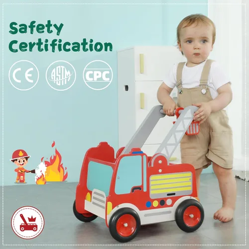 Miniatura 2 de Labebe Andador de madera para bebés, juguete de aprendizaje para niños pequeños de 1 a 3 años, camión de bomberos con ruedas