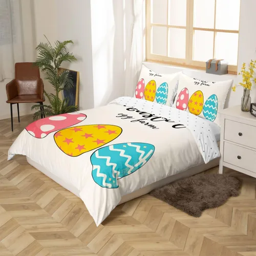 Miniatura 2 de jejeloiu Juego de ropa de cama de Pascua para niñas y niños, huevos de Pascua, juego de funda de edredón decorativa colorida para el día de Pascua