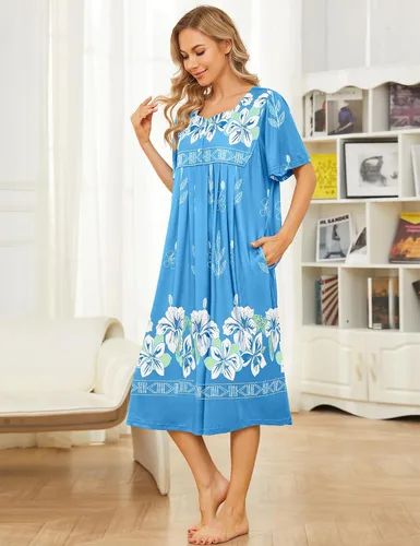 Miniatura 5 de Bloggerlove Camisón hawaiano para mujer, vestido de casa hawaiano Muumuu con estampado de tumbona, vestido de patio con bolsillos Moomoo
