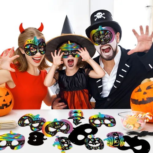 Miniatura 5 de BeYumi Juego de 72 piezas de papel de rascar de calabaza de Halloween para niños, papel mágico para rascar, tarjetas de máscara de manualidades