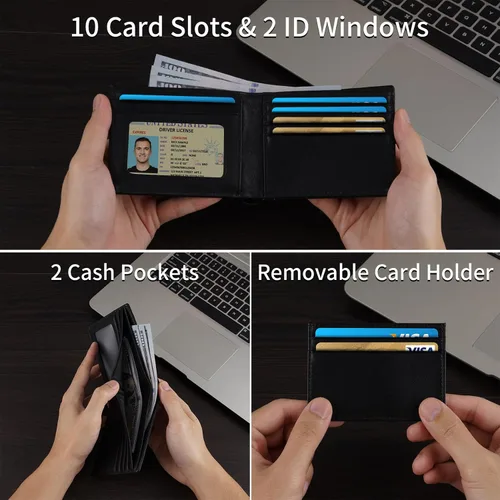 Miniatura 2 de Swallowmall Cartera de piel con bloqueo Rfid para hombre, billetera plegable con tarjeta extraíble, 2 ventanas para identificación, 10 ranuras