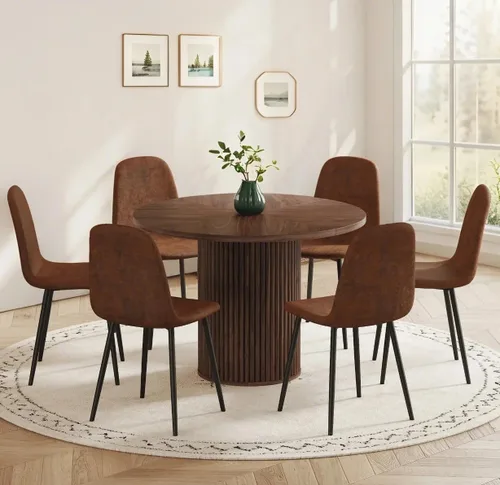 Miniatura 8 de Mesa de comedor redonda para 4-6, mesa de comedor negra con tablero de madera de 42'' y base de pedestal cilíndrico, mesa de cena redonda