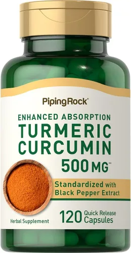 Piping Rock Curcumina de cúrcuma con pimienta negra | 120 cápsulas | Suplemento herbario estandarizado | Sin OMG, sin gluten