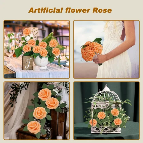 Miniatura 3 de Flores artificiales naranjas realistas, 50 rosas falsas de aspecto real con tallo para ramos de boda, centros de mesa, despedidas de soltera
