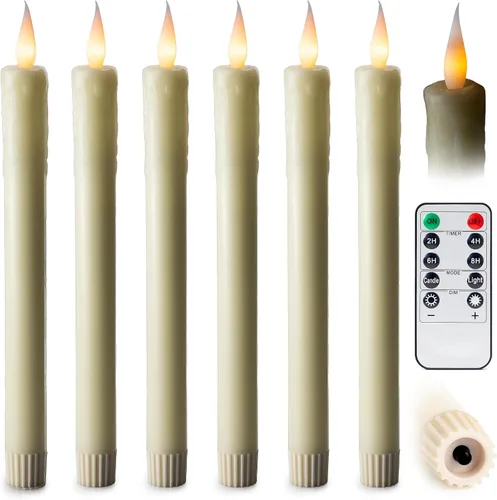Paquete de 6 velas LED de 10 pulgadas sin llama de cera real de color marfil con control remoto, botón de encendido/apagado, regulable, modo