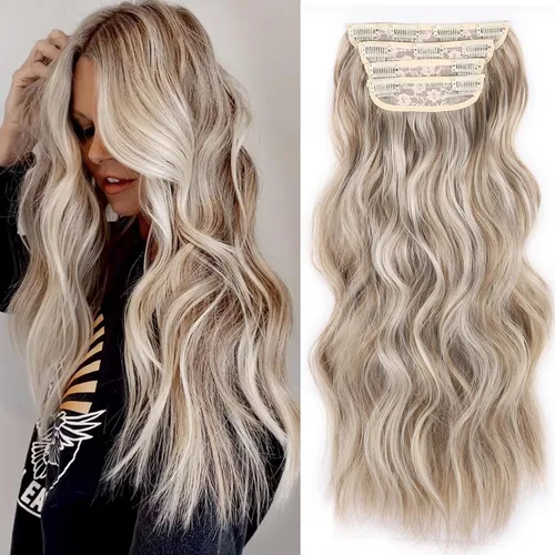 Miniatura 15 de 4 piezas de extensiones de cabello rizado con clip, color dorado oscuro, mezcla de rubio beige, sintético de 20 pulgadas de largo, extensiones