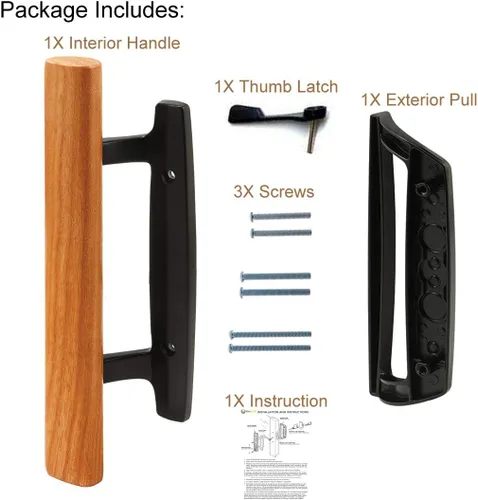 Miniatura 3 de Juego de manijas de puerta corredera reversible de estilo muesca para patio con manija interior de madera de roble y tirador exterior en acabado
