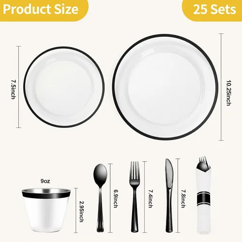 Miniatura 4 de Goodluck Juego de vajilla de plástico negro de 175 piezas para fiesta, platos desechables transparentes para 25 invitados, incluye: 25 platos