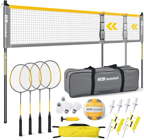 Haokelball Combo de red de voleibol de bádminton – Ancho ajustable de 20 a 32 pies y altura, con 4 raquetas, volantes, voleibol, línea límite, bolsa