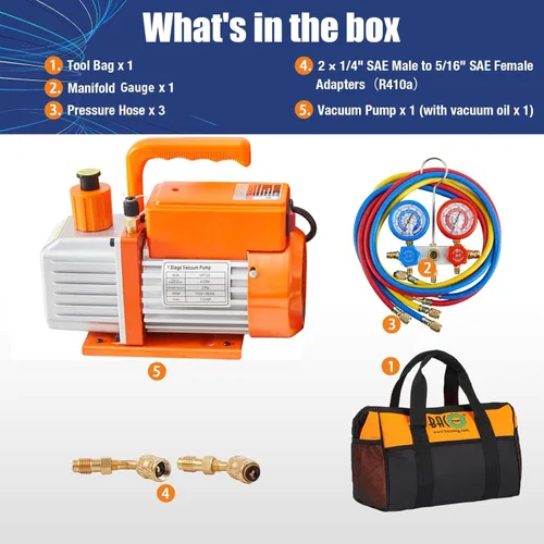 Miniatura 2 de BACOENG Juego de bomba de vacío y medidor de CA R32, kit de bomba de vacío HVAC de 4 CFM para sistema Mini Split, motor sin chispas