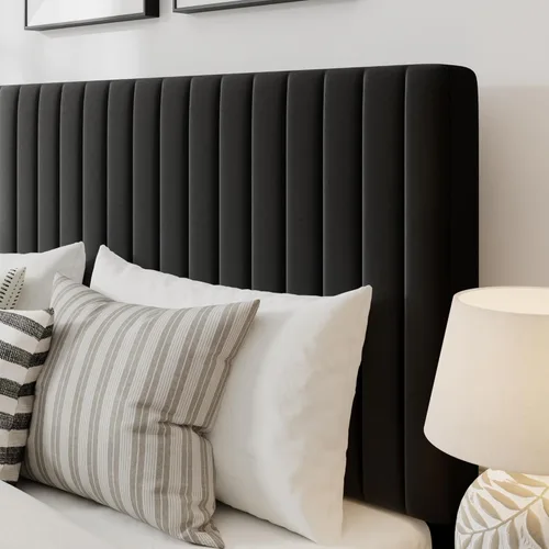 Miniatura 4 de GOLDORO Base de cama tapizada de terciopelo de tamaño matrimonial con cabecera capitoné de canal vertical, soporte de listones de madera,