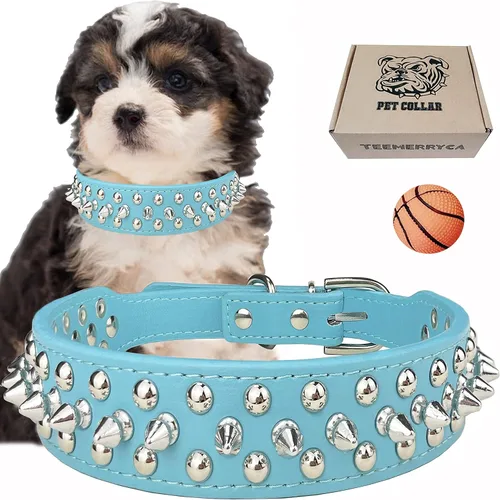 Miniatura 10 de TEEMERRYCA - Collares ajustables de piel sintética con tachuelas para perros, con pelota chillona de regalo, para mascotas pequeñas, medianas