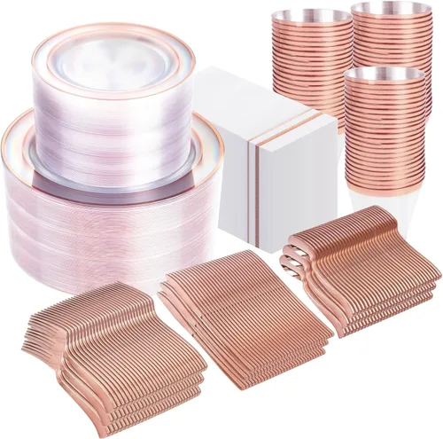Miniatura 13 de GATHER 350 platos de plástico dorados. El juego de vajilla de plástico desechable blanco y dorado incluye 50 platos llanos, 50 platos de postre, 150