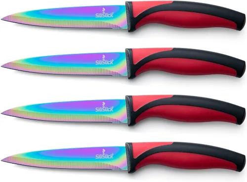 Miniatura 14 de SiliSlick Juego de cuchillos para carne de acero inoxidable, cuchillos de cocina coloridos con revestimiento de titanio con borde recto, suave