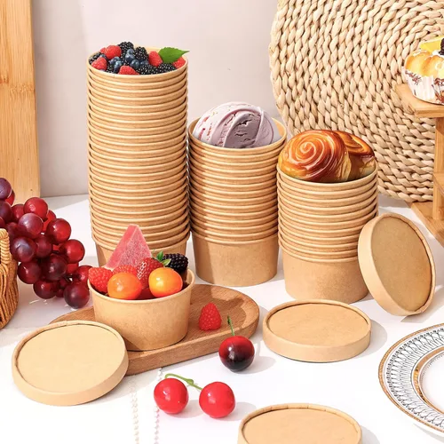 Miniatura 4 de Paquete de 100 recipientes de papel de 4 onzas para sopa con tapas ventiladas, recipientes desechables para alimentos, tazas de helado de estraza