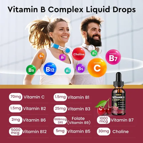 Miniatura 4 de CFILIHTC Gotas líquidas de complejo de vitamina B, suplemento de complejo de vitaminas B con gotas B1, B2, B3, B5 B6, B7, B9 y metil B12