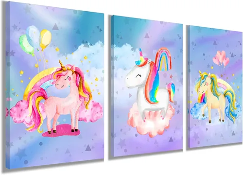 YUANAND Arte de pared de unicornio para dormitorio de niña, cuadros de lienzo de arcoíris para decoración del hogar del cuarto del bebé, carteles