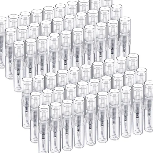 Fandamei Mini botella de spray, 60 botellas de plástico transparente de 2ml (0.068 fl oz) vacías, mini botella de perfume recargable de niebla fina.