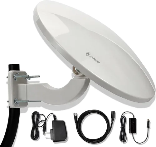 Antena de TV para exteriores ANTOP AT-414B Antena HDTV omnidireccional de 360 ° para exteriores de 65 millas de alcance con Smartpass amplificado y