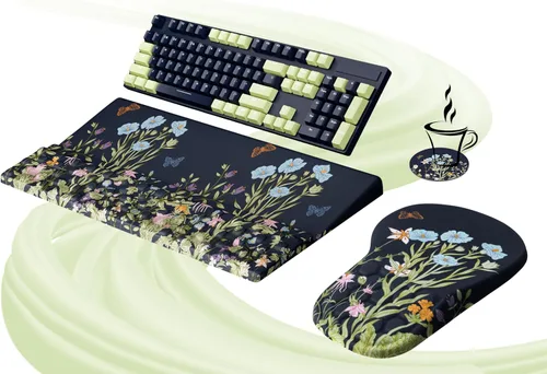 Ospelelf Almohadilla Ergonómica para Mouse y Soporte con Reposamuñecas para Teclado, Comodidad de Espuma Viscoelástica, Alivio del Dolor para Flores