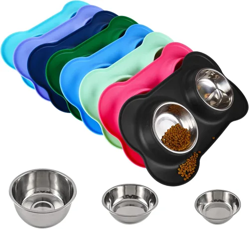 2 cuencos de acero inoxidable para mascotas, comedero para agua y comida con alfombrilla de silicona antideslizante para evitar derrames, para