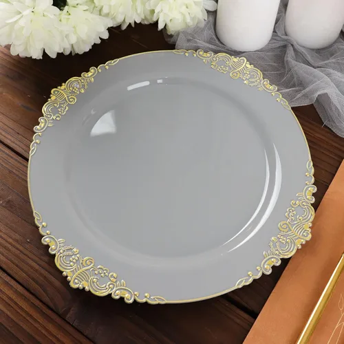 Miniatura 33 de Tableclothsfactory Paquete de 10 platos redondos de plástico barroco dorado de 8 pulgadas para ensalada de postre, vajilla desechable con borde