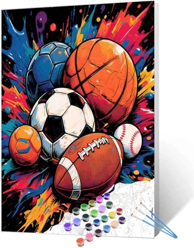 Miniatura 29 de Aihonmin Pintura por números, tema de baloncesto, kit de pintura al óleo para niños y adultos, pintura de dibujo de 16 x 20 pulgadas, pigmento Bola