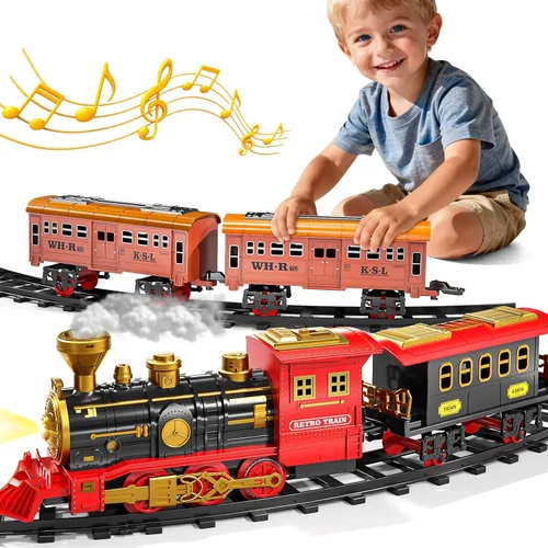 Miniatura 8 de Juego de tren para niños de 3-5 4-7, juego de juguetes clásicos de tren eléctrico con motor de locomotora, luces y sonido con vapor, rieles