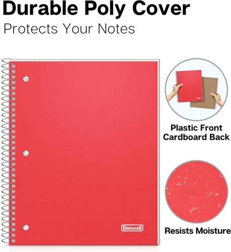 Miniatura 4 de Dunwell Cuaderno de espiral de 1 materia (rojo), cubierta de plástico, 100 hojas (200 páginas) de papel de 8 x 10.5 pulgadas, rayas anchas para una