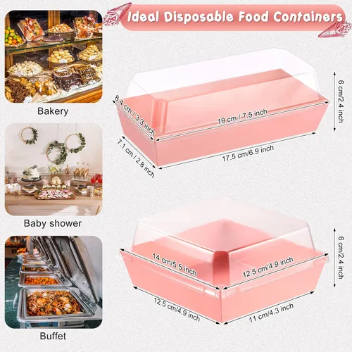 Miniatura 2 de Gejoy 100 cajas de charcutería rosa de 2 tamaños con tapas transparentes, cajas de postre de papel desechables, recipientes de postre de alimentos