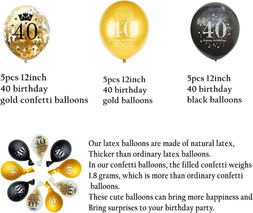 Miniatura 2 de Jonhamwelbor Globos dorados y negros de 40 cumpleaños, decoraciones de fiesta, paquete de 15 globos de látex y confeti de 12 pulgadas impresos