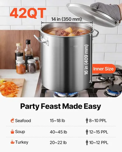 Miniatura 2 de VEVOR Olla de acero inoxidable, ollas de cocina de 24 cuartos, olla de salsa con tapa y asa, olla de grado comercial resistente, tratamiento